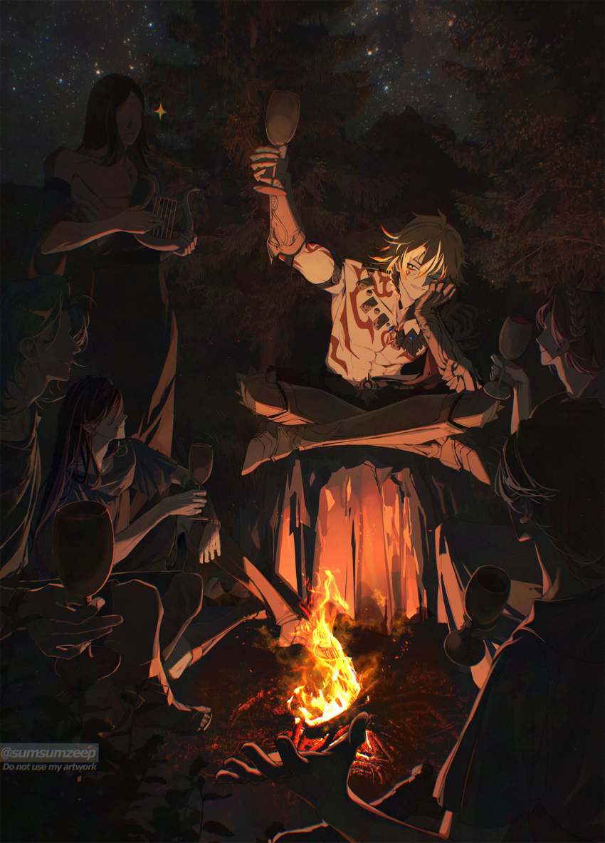 6+boys arm_tattoo arm_up armlet armored_boots black_coat black_pants blonde_hair boots braid campfire chest_tattoo clawed_gauntlets coat commentary_request cup earrings facial_tattoo forest gold_earrings gold_necklace gradient_hair hair_between_eyes hand_up highres holding holding_cup honkai:_star_rail honkai_(series) indian_style jewelry male_focus medium_hair multicolored_hair multiple_boys mydei_(honkai:_star_rail) nanana184555 nature necklace open_clothes open_coat pants people red_hair red_tattoo side_braid silhouette sitting on_tree_stump tattoo toned toned_male yellow_eyes