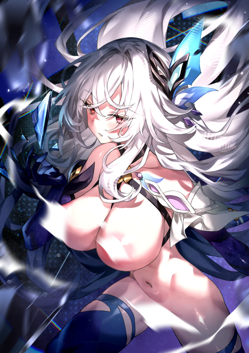 1girl absurdres areola_slip back_fin bare_shoulders blue_thighhighs blush breasts censored commentary elbow_gloves english_commentary genshin_impact gloves grey_hair hair_ornament highres large_breasts long_hair looking_at_viewer navel no_panties nude open_mouth pink_eyes red_eyes redcomet skirk_(genshin_impact) solo thighhighs