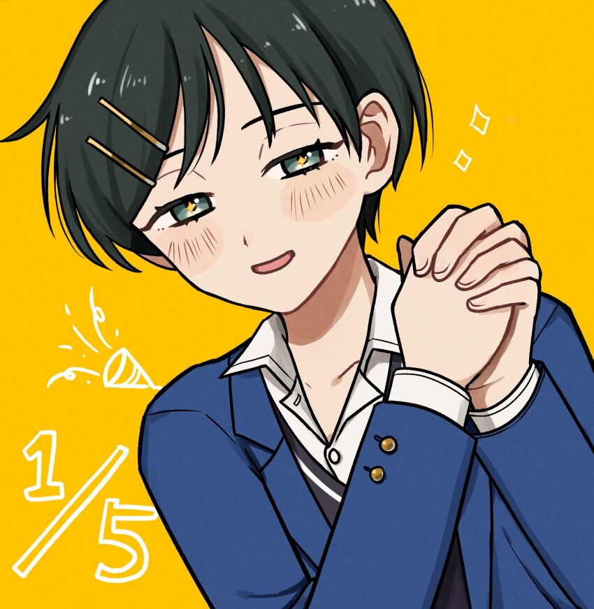 1girl black_hair black_sweater blazer blue_jacket blush collared_shirt commentary_request futsuu_no_keion-bu green_eyes hair_ornament hairpin highres jacket kouyama_rin own_hands_clasped own_hands_together party_popper pixie_cut poyomi school_uniform shirt short_hair simple_background smile solo sparkle sparkling_eyes sweater upper_body white_shirt winter_uniform yellow_background