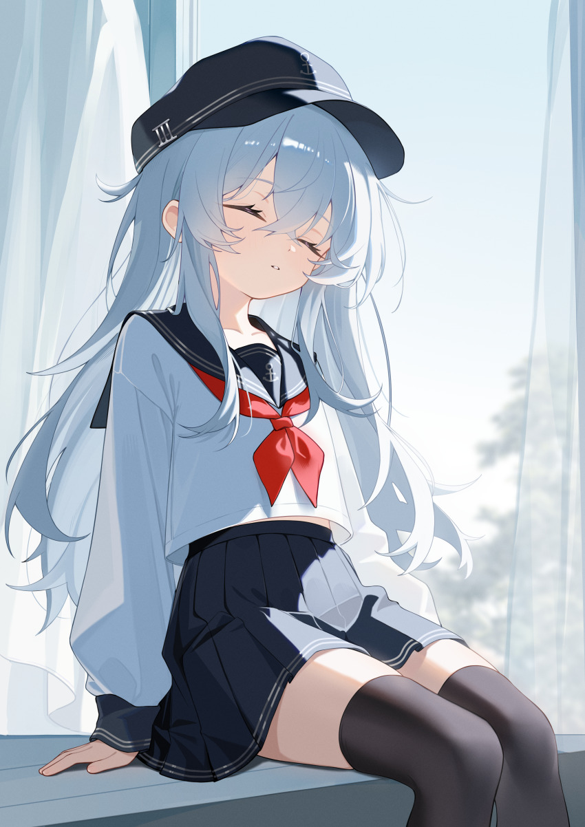 1girl absurdres baseball_cap black_thighhighs blue_sailor_collar blue_skirt closed_eyes closed_mouth hair_between_eyes hat hibiki_(kancolle) highres indoors kantai_collection long_hair long_sleeves neckerchief parted_lips red_neckerchief sailor_collar school_uniform shirt sidelocks sitting skirt sleeping solo thighhighs very_long_hair white_hair white_shirt window xiaoyu_chiaki zettai_ryouiki