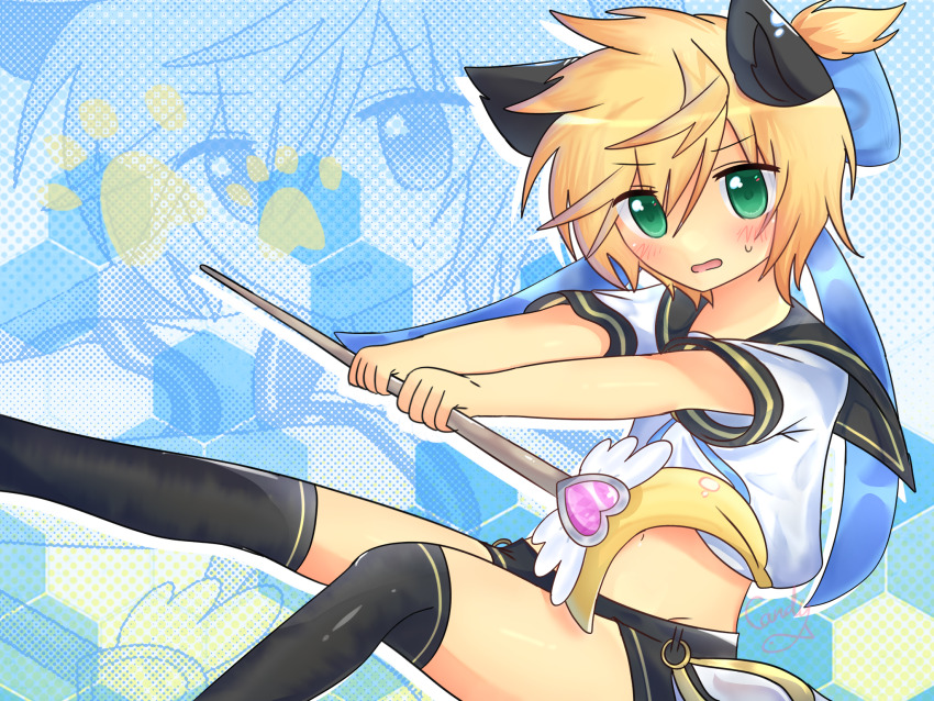 1boy animal_ears blonde_hair blue_ribbon blush cat_ears commentary green_eyes highres holding holding_staff kagamine_len looking_at_viewer magical_nuko-lenlen_(vocaloid) male_focus open_mouth ponytail ribbon shirt short_ponytail shorts staff thighhighs thighs trap vocaloid white_shirt