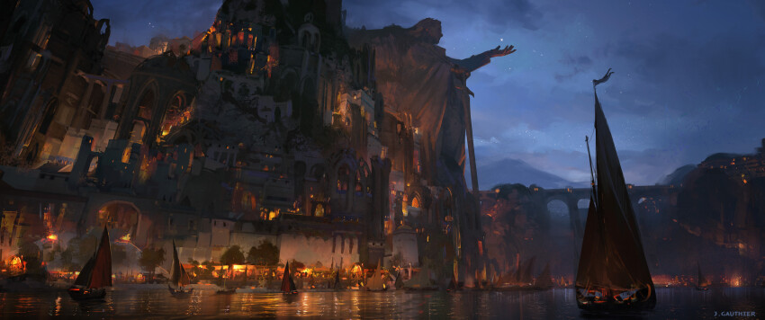 absurdres bridge city city_lights dock highres lights night no_humans numenor official_art renart rings_of_power sail scenery ship statue tolkien&#039;s_legendarium water watercraft watermark