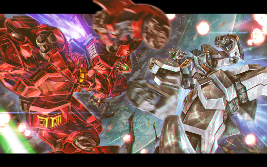 axis_(gundam) battle char&#039;s_counterattack commentary_request damaged duel earth_(planet) exhaust explosion from_below glowing glowing_eye glowing_eyes green_eyes gundam highres mecha missing_limb mobile_suit no_humans nu_gundam one-eyed planet punching robot sazabi science_fiction space thrusters uungunover war