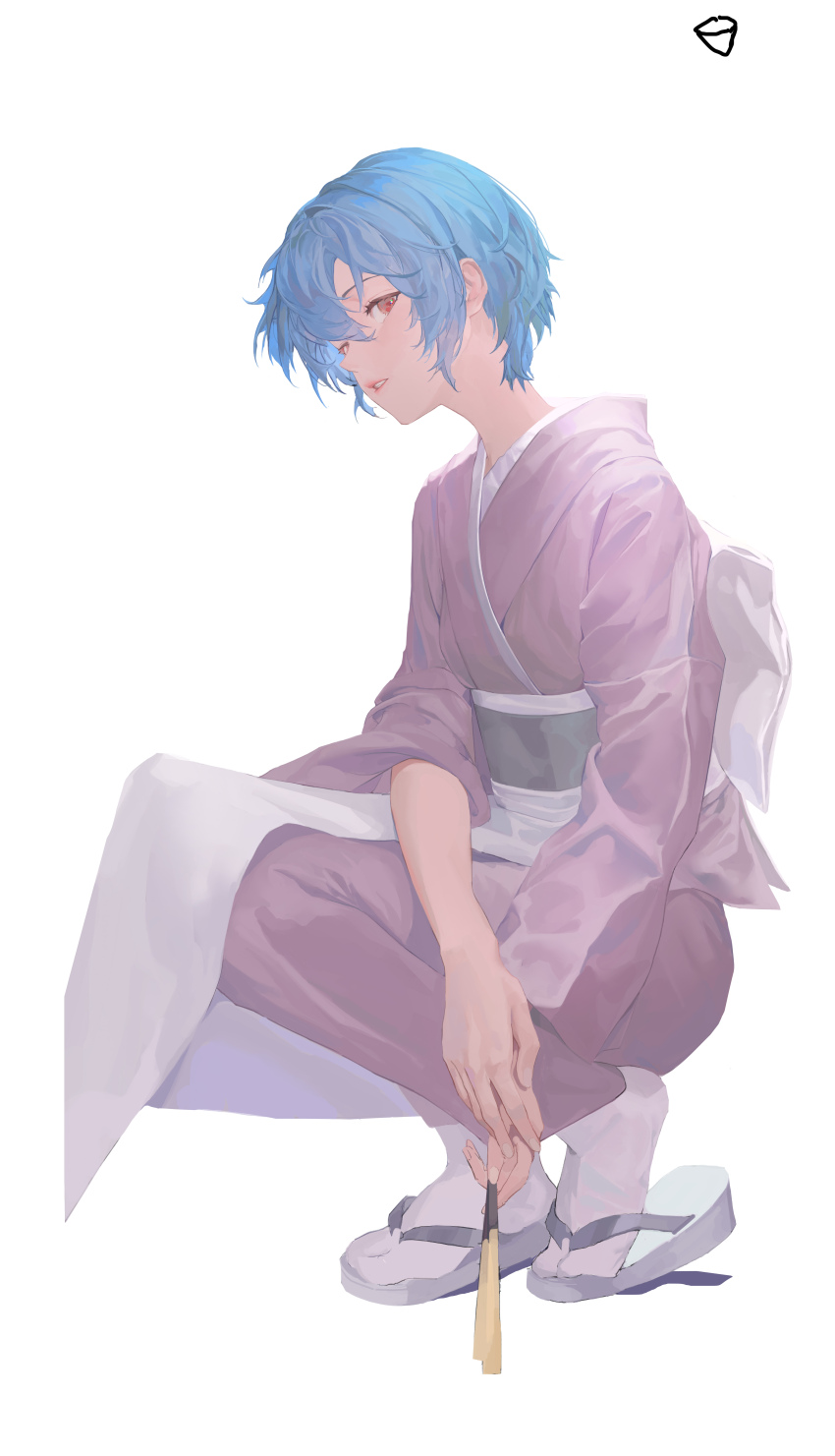 1girl absurdres ayanami_rei blue_hair eva_(metal_gear) hand_fan highres holding holding_fan japanese_clothes kimono looking_at_viewer neon_genesis_evangelion red_eyes short_hair simple_background white_background zigou