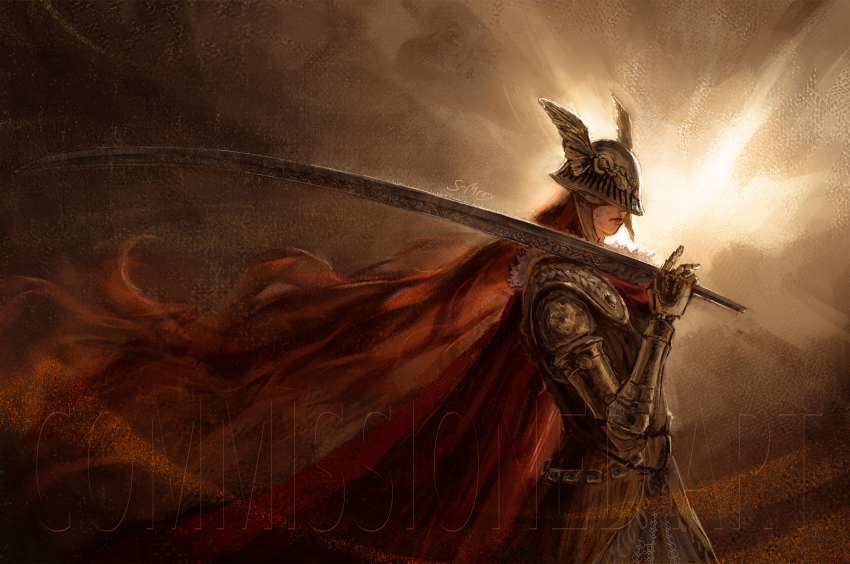 1girl bloodexer commentary commission covered_eyes elden_ring english_commentary helmet highres holding holding_sword holding_weapon long_hair malenia_blade_of_miquella prosthesis prosthetic_arm red_hair signature solo standing sword very_long_hair visor_(armor) watermark wavy_hair weapon winged_helmet