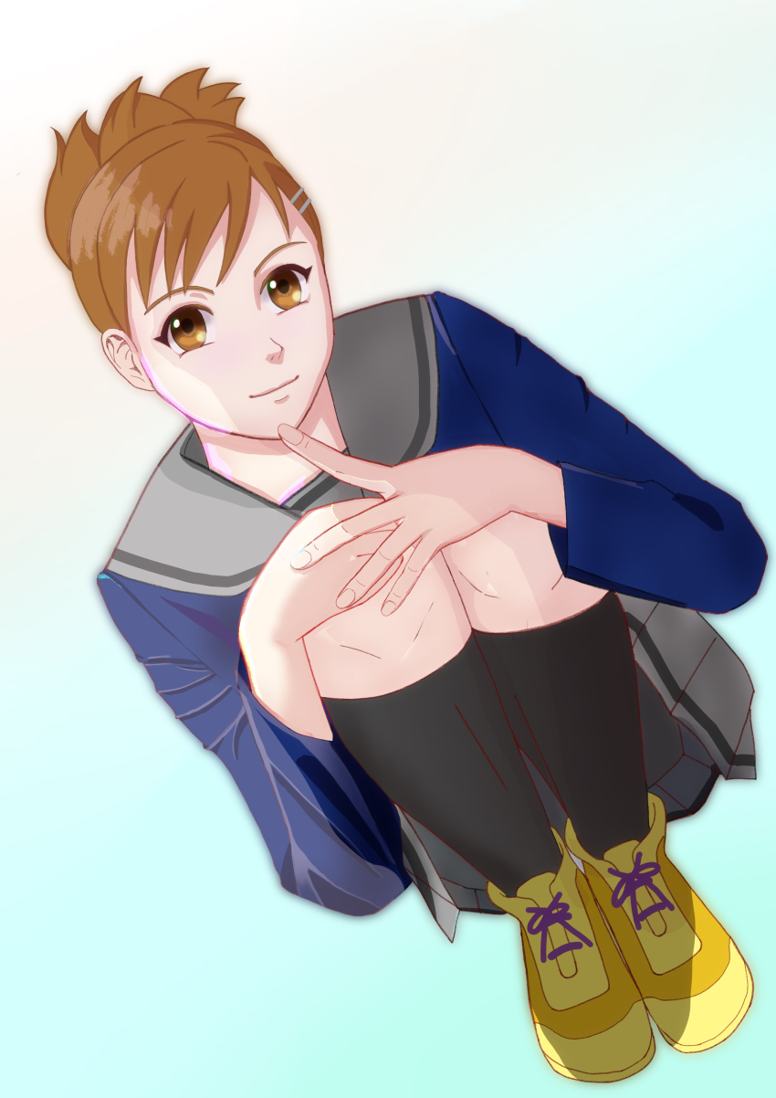 1girl 3dlo_ocin absurdres black_socks blue_background brown_eyes brown_hair fujii_natsumi gradient_background grey_skirt hair_ornament hairclip hands_on_own_knees highres kirameki_high_school_uniform knees_up looking_at_viewer school_uniform shoes short_hair simple_background skirt socks tokimeki_memorial tokimeki_memorial_girl&#039;s_side yellow_shoes
