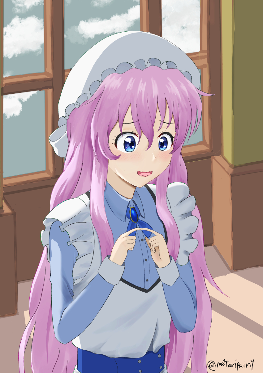 1girl absurdres apron belt blue_belt blue_eyes blue_pendant blush charlotte_soller child cloud commentary dress finger_touching floor frilled_dress frills from_above highres indoors isekai_yakkyoku jewelry long_hair looking_down maid maid_apron maid_headdress nervous pendant pink_hair ribbon sky solo upper_body user_hyes4884 very_long_hair wavy_mouth window