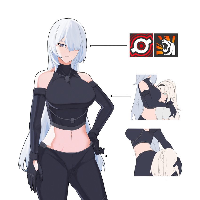 2girls absurdres ak-15_(girls&#039;_frontline) an-94_(girls&#039;_frontline) an-94_(mod3)_(girls&#039;_frontline) aqua_eyes black_hairband black_pants blonde_hair breasts closed_mouth commentary english_commentary girls&#039;_frontline hair_over_one_eye hairband hand_on_own_hip highres hug long_hair looking_at_viewer meme midriff multiple_girls multiple_views navel pants purple_eyes simple_background variasii white_background yuri