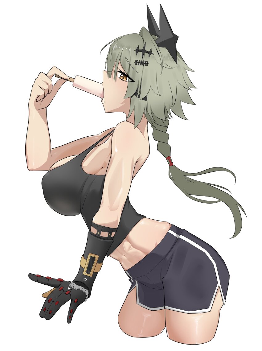 1girl absurdres black_horns black_tank_top breasts caesar_king_(zenless_zone_zero) dolphin_shorts highres horns large_breasts official_alternate_costume prosthesis prosthetic_arm shirokami_da shorts solo tank_top thighs white_background zenless_zone_zero