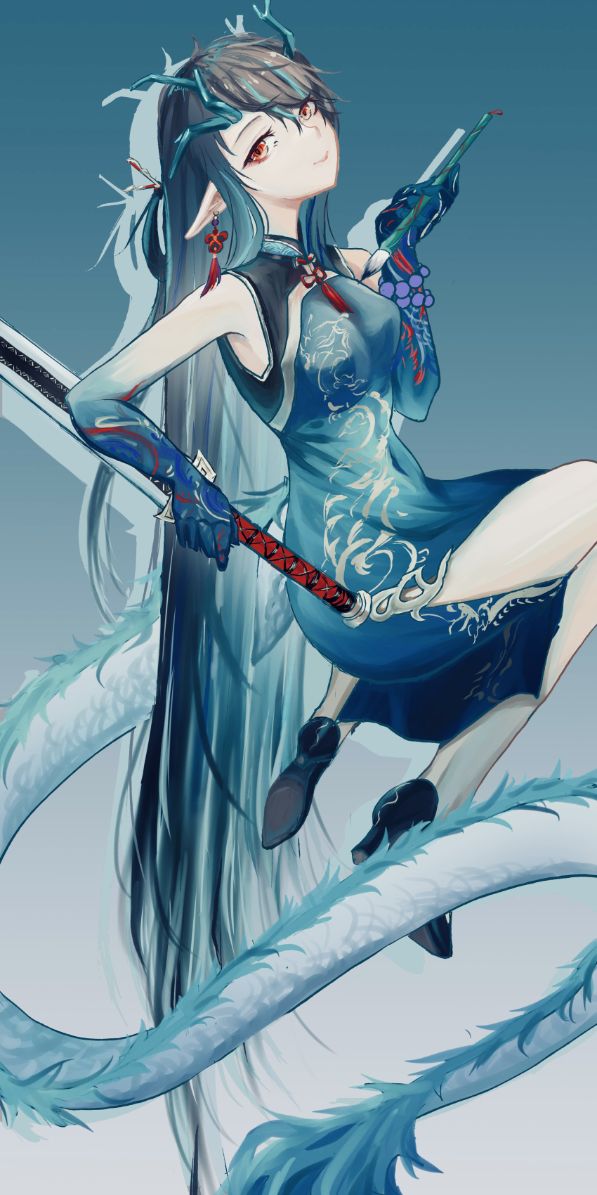 1girl absurdres arknights bead_bracelet beads black_hair bracelet china_dress chinese_clothes colored_skin cydar dragon_girl dragon_horns dragon_tail dress dusk_(arknights) dusk_(everything_is_a_miracle)_(arknights) earrings eastern_dragon_tail gradient_skin green_dress green_horns green_skin han_jian_(weapon) highres holding holding_paintbrush holding_sword holding_weapon horns jewelry long_hair multicolored_hair paintbrush pointy_ears red_eyes sleeveless sleeveless_dress solo streaked_hair sword tail tassel tassel_earrings weapon
