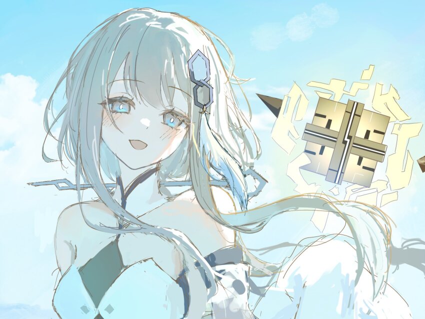 1girl bare_shoulders blue_eyes blue_sky detached_sleeves genshin_impact grey_hair guizhong_(genshin_impact) highres light_blush looking_at_viewer medium_hair memory_of_dust_(genshin_impact) open_mouth ousssx_x sidelocks sketch sky solo upper_body