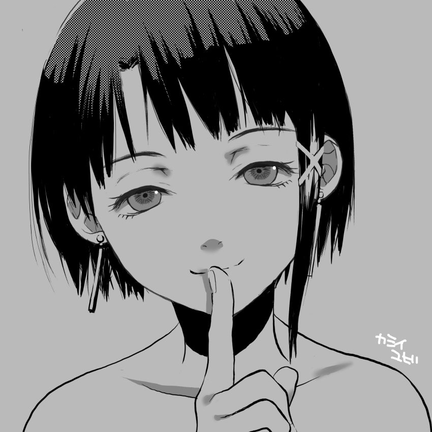 1girl asymmetrical_hair bare_shoulders blunt_bangs close-up closed_mouth grey_background greyscale hair_ornament hairclip highres iwakura_lain looking_at_viewer monochrome portrait serial_experiments_lain short_hair simple_background solo white_background yubi_kamii