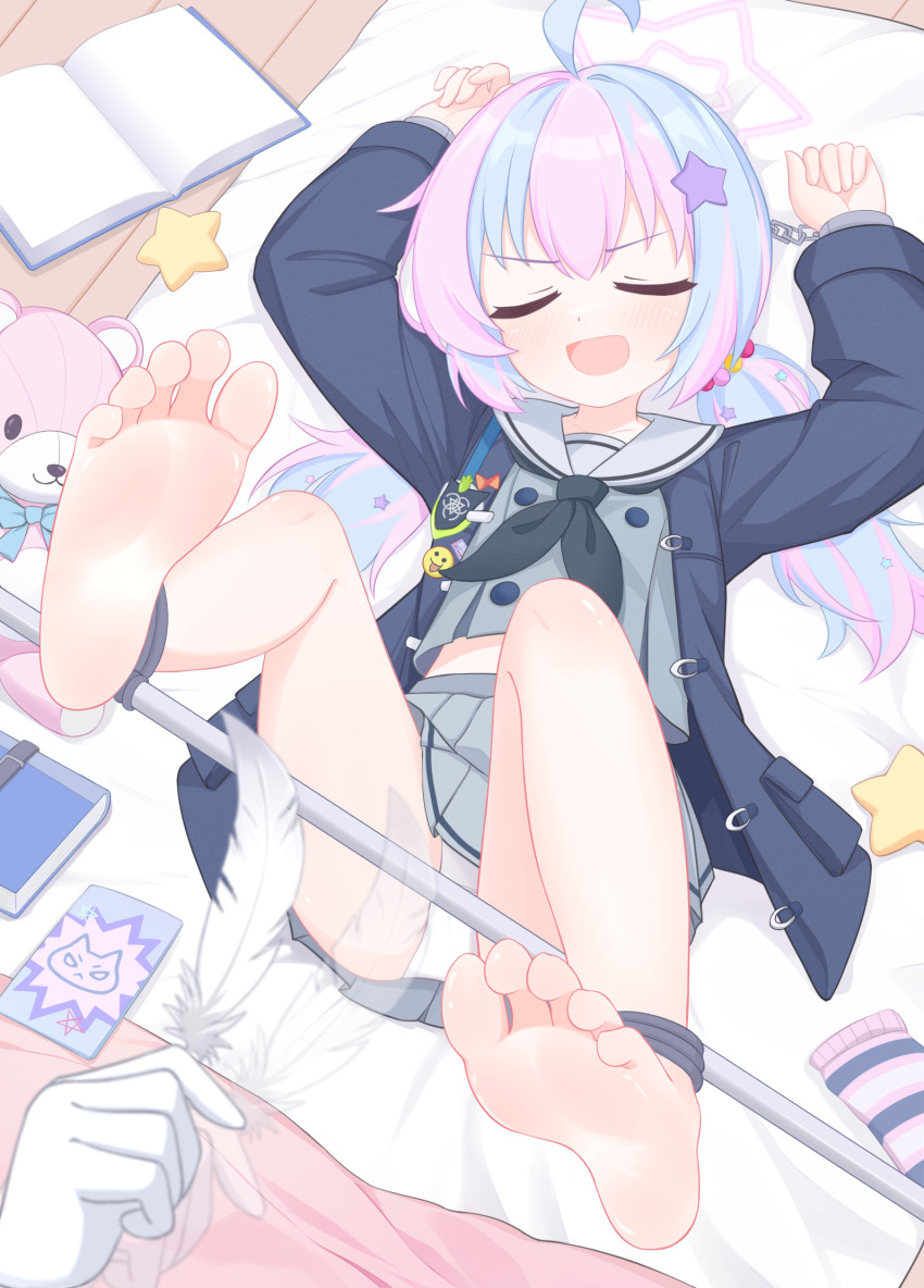 1girl 1other arms_up barefoot black_neckerchief blue_archive blue_coat blue_hair chinese_commentary closed_eyes coat commentary_request cropped_shirt eugenecolin feathers full_body grey_shirt grey_skirt hair_ornament halo highres holding holding_feather indoors large_variant_set legs_up loli long_sleeves lying midriff_peek miniskirt neckerchief on_back open_clothes open_coat open_mouth panties pink_hair pink_halo pleated_skirt reisa_(blue_archive) restrained sailor_collar shirt skirt socks soles spreader_bar star_(symbol) star_hair_ornament star_halo striped_clothes striped_socks stuffed_animal stuffed_toy teddy_bear toes twintails underwear unworn_socks variant_set white_panties white_sailor_collar