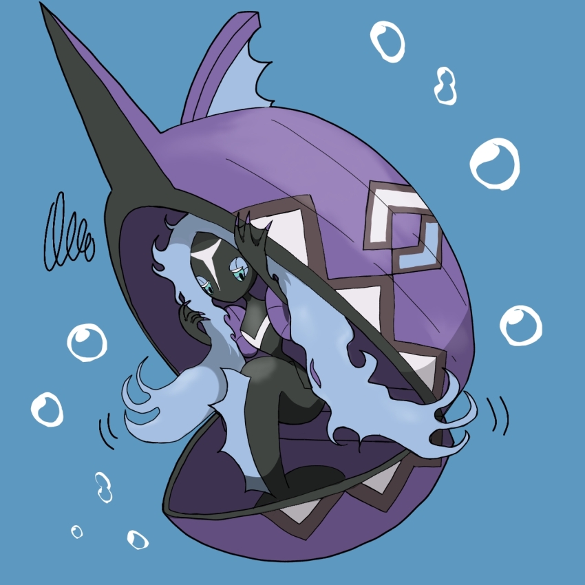 1girl aqua_eyes black_skin blue_background blue_hair bubble colored_skin female_focus fewer_digits flat_chest full_body gen_7_pokemon half-closed_eyes hands_up legendary_pokemon long_hair looking_down mermaid messy_hair monster_girl monya motion_lines multicolored_skin nintendo no_mouth pokemon pokemon_(creature) sad sidelocks simple_background solo squiggle tapu_fini two-tone_skin very_long_hair webbed_hands white_skin