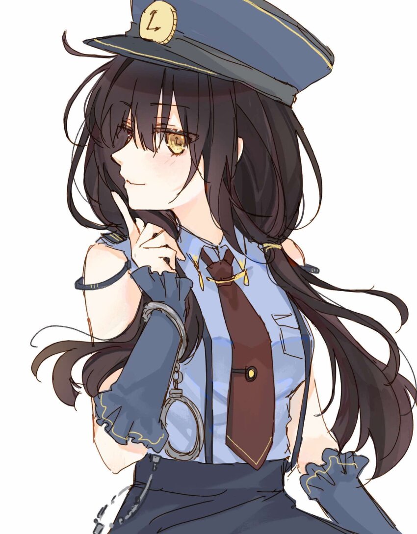 1girl alternate_costume black_hair blue_hat blue_shirt clock_eyes collared_shirt cuffs date_a_live detached_sleeves handcuffs hat heterochromia highres long_hair looking_at_viewer low_twintails necktie peaked_cap police police_hat police_uniform red_eyes red_necktie shirt sleeveless smile solo symbol-shaped_pupils tokisaki_kurumi twintails white_background yellow_eyes zhangyuan0304