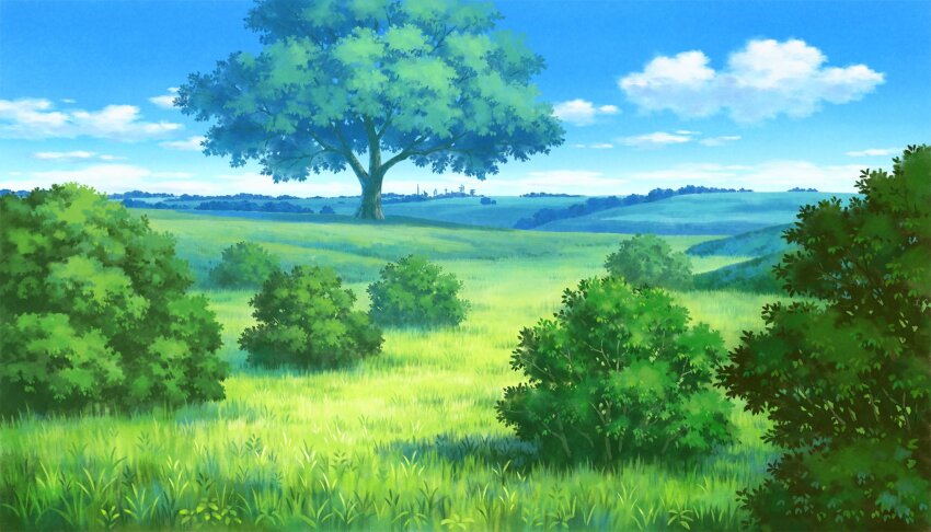 blue_sky bush cloud cloudy_sky commentary_request grass hariken highres nature no_humans original outdoors scenery sky tree