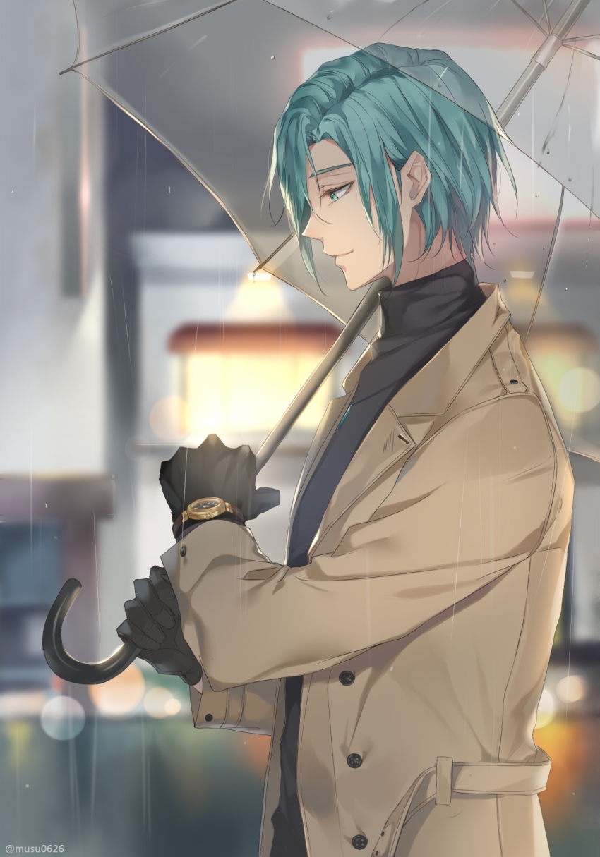 1boy black_gloves black_shirt blue_eyes blue_hair blurry blurry_background brown_coat closed_mouth coat commentary_request from_side gloves highres holding holding_umbrella korean_commentary male_focus musu0626 outdoors rain shirt solo susanghan_messenger twitter_username umbrella v_(susanghan_messenger) watch wristwatch