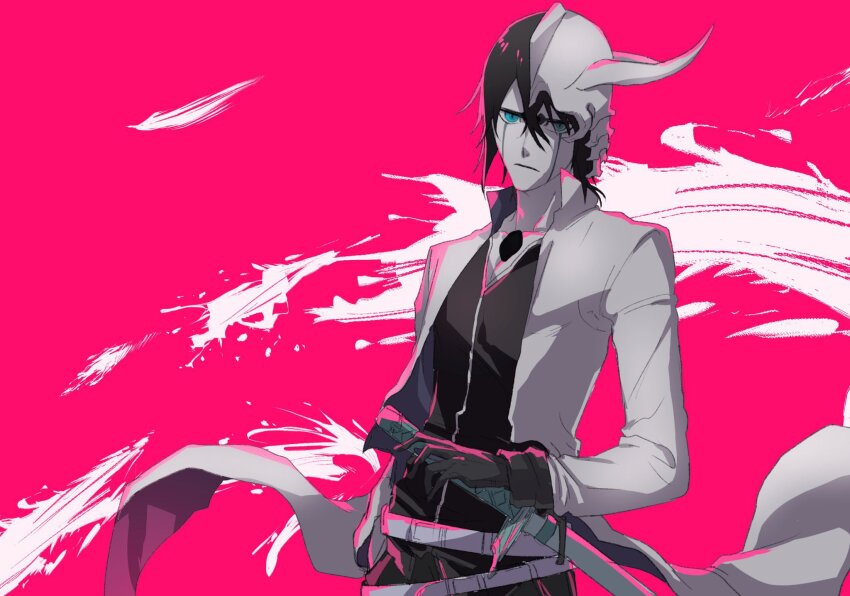 1boy arrancar belt black_hair black_shirt bleach bleach:_sennen_kessen-hen broken_helmet coattails collarbone cowboy_shot facial_mark gloves green_eyes hair_between_eyes highres hishui_prpr hole_in_chest hole_on_body jacket looking_at_viewer multiple_belts open_clothes open_jacket pink_background sheath sheathed shirt solo sword ulquiorra_cifer weapon white_belt white_jacket
