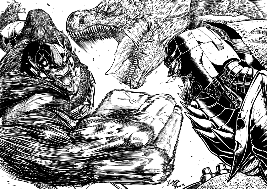 absurdres beast_wars beast_wars:_transformers clenched_hand fighting greyscale highres looking_down maximal mecha megatron megatron_(beast_wars) monochrome no_humans oohara_tetsuya open_hand open_hands optimus_primal predacon punching robot saliva science_fiction sharp_teeth teeth transformers white_background