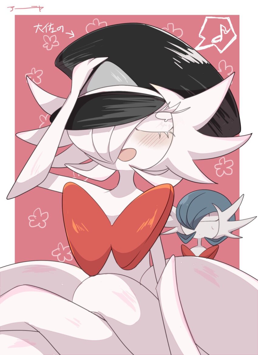 a-nya alternate_color alternate_shiny_pokemon black_hat blue_hair blush bob_cut dress elbow_gloves gardevoir gen_3_pokemon gloves hair_over_one_eye hand_on_headwear hat highres mega_gardevoir mega_pokemon nintendo no_humans open_mouth pink_background pokemon pokemon_(creature) shiny_pokemon simple_background white_dress white_gloves white_hair