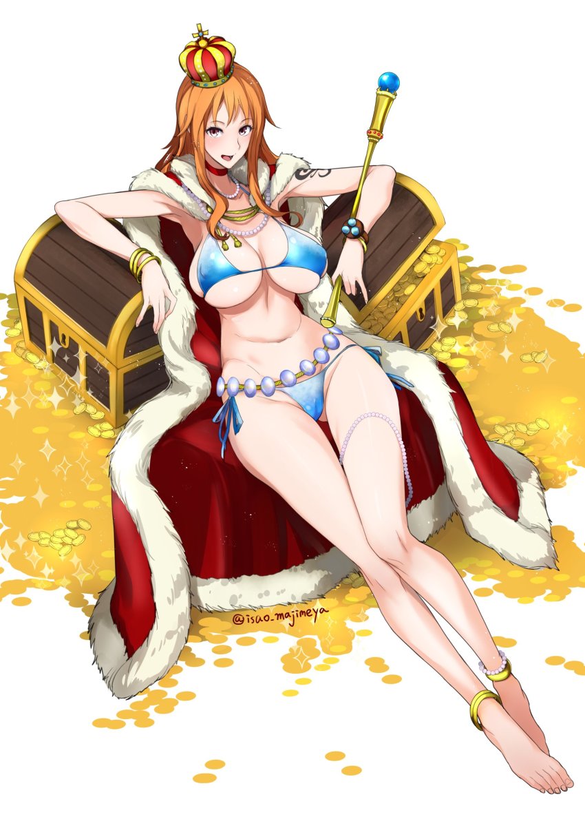 1girl absurdres anklet armpits artist_name bare_arms barefoot bikini blue_bikini blush bracelet breasts cape choker covered_erect_nipples crown curvy feet female_focus full_body fur_trim gold highres holding isao jewelry large_breasts legs long_hair looking_at_viewer nami_(one_piece) navel necklace one_piece open_mouth orange_hair pearl_necklace scepter shiny_skin side-tie_bikini_bottom simple_background sitting smile solo sparkle stomach swimsuit tattoo thighs toenails toes treasure treasure_chest