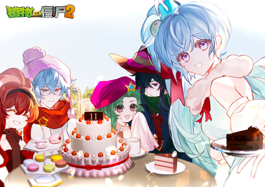 2girls 3boys :d ^_^ absurdres anniversary bare_shoulders beanie black_choker black_hair black_hairband blue_background blue_coat blue_dress blue_eyes blue_hair blurry bow bowtie breasts brown_gloves cake cake_slice chinese_commentary chocolate_cake choker closed_eyes closed_mouth coat collared_shirt colored_eyelashes commentary_request copyright_name crossed_bangs curtained_hair depth_of_field double-parted_bangs dress elbow_gloves fire_peashooter food food_on_face gloves gradient_background green_hair grimrose_(plants_vs_zombies) grin hair_between_eyes hair_bow hairband hand_on_own_chin hat hat_ornament high_side_ponytail highres holding holding_plate holding_tissue incoming_food large_hat looking_at_another looking_at_viewer looking_back macaron missile_toe_(plants_vs._zombies) multiple_boys multiple_girls official_alternate_costume open_clothes open_coat open_mouth pale_skin personification pink_hat plants_vs._zombies plants_vs._zombies_2 plate pom_pom_(clothes) pom_pom_beanie profile puffy_sleeves purple_eyes red_bow red_bowtie red_hair red_scarf red_shirt ribbed_shirt scarf shirt side_ponytail sidelocks siiiiiiiiiii simple_background sleeveless sleeveless_dress small_breasts smile snow_pea_(plants_vs._zombies) star_(symbol) star_hat_ornament strawberry_cake table thyme_warp tiered_tray turning_head upper_body white_background