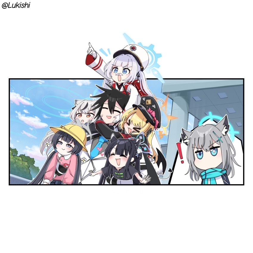&gt;_&lt; 1boy 6+girls :d animal_ear_fluff backpack bag black_hair blue_archive blue_eyes blue_scarf blue_sky bright_pupils cherino_(blue_archive) cloud commentary cross_hair_ornament english_commentary extra_ears facial_hair gloves hair_ornament halo highres ibuki_(blue_archive) kisaki_(blue_archive) kokona_(blue_archive) low_twintails lukishi multiple_girls mustache necktie open_mouth scarf shiroko_(blue_archive) shun_(blue_archive) shun_(small)_(blue_archive) sky smile twintails yellow_eyes