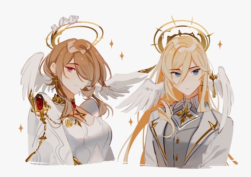 2girls blonde_hair blue_eyes breasts brown_hair closed_mouth coat dress durandal_(honkai_impact) earrings feathered_wings flower formal_clothes gem hair_between_eyes hair_ornament hair_over_one_eye halo head_wings highres honkai_(series) honkai_impact_3rd jewelry large_breasts long_hair looking_at_viewer looking_to_the_side medium_breasts mole mole_under_eye multiple_girls purple_eyes rita_rossweisse rose short_hair simple_background sparkle suit upper_body white_background white_coat wife_and_wife wings ylceon