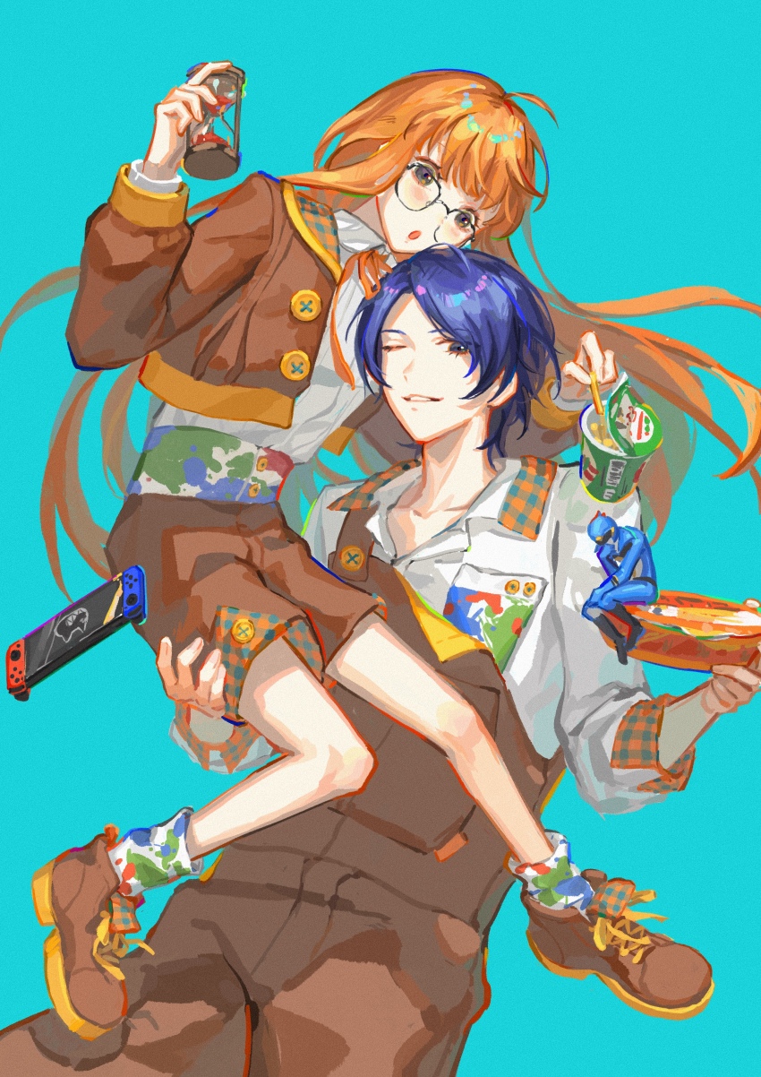 1boy 1girl :o absurdres blue_eyes blue_hair blush brown_footwear brown_overalls brown_shorts carrying carrying_person collared_shirt cookie food full_body glasses hair_spread_out highres holding hourglass jacket kitagawa_yuusuke kobayashiyouyouko legs long_hair looking_at_another looking_to_the_side nintendo_switch one_eye_closed overalls paint_splatter persona persona_5 plaid red_hair sakura_futaba shirt shoes shorts smile the_thinker tokusatsu