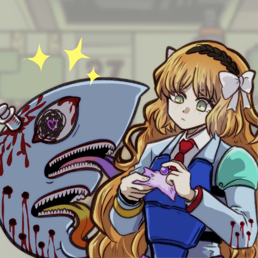 1girl blood bow brown_hairband candy cowboy_shot deep_wound e.g.o_(project_moon) ecstasy_(e.g.o) food hair_bow hairband hananokabe hands_up heart heart-shaped_pupils highres injury ishmael_(project_moon) limbus_company lobotomy_corporation lobotomy_corporation_(identity)_(project_moon) long_hair orange_hair project_moon rope sidelocks solo sparkle symbol-shaped_pupils the_dreaming_current very_long_hair wavy_hair white_bow