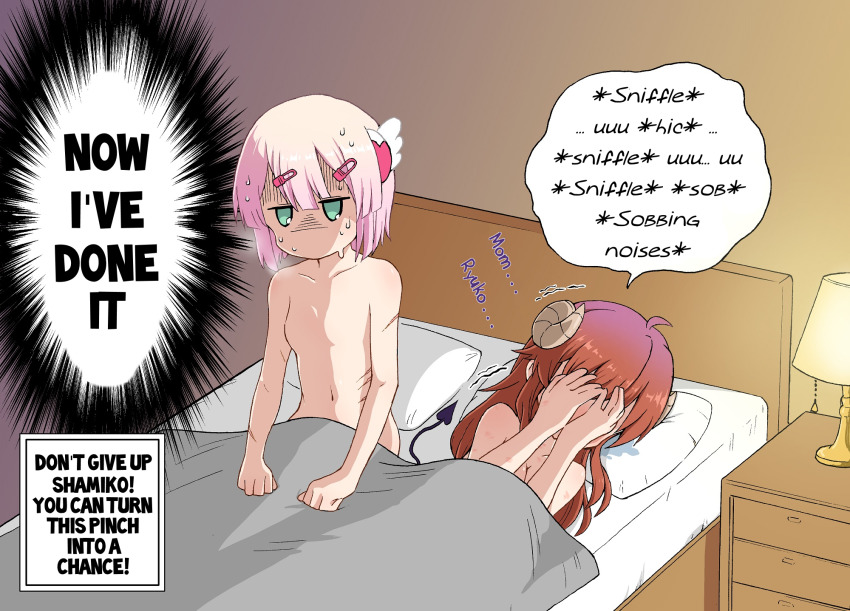 2girls after_rape aftersex ahoge bed brown_hair chiyoda_momo covering_face crying demon_girl demon_horns demon_tail hair_ornament hairclip hard-translated highres horns iberiko_yuri lamp long_hair machikado_mazoku multiple_girls no_nipples nude pink_hair ruined_for_marriage scar short_hair sweat tail third-party_edit translated trembling turn_pale under_covers yoshida_yuuko_(machikado_mazoku) yuri