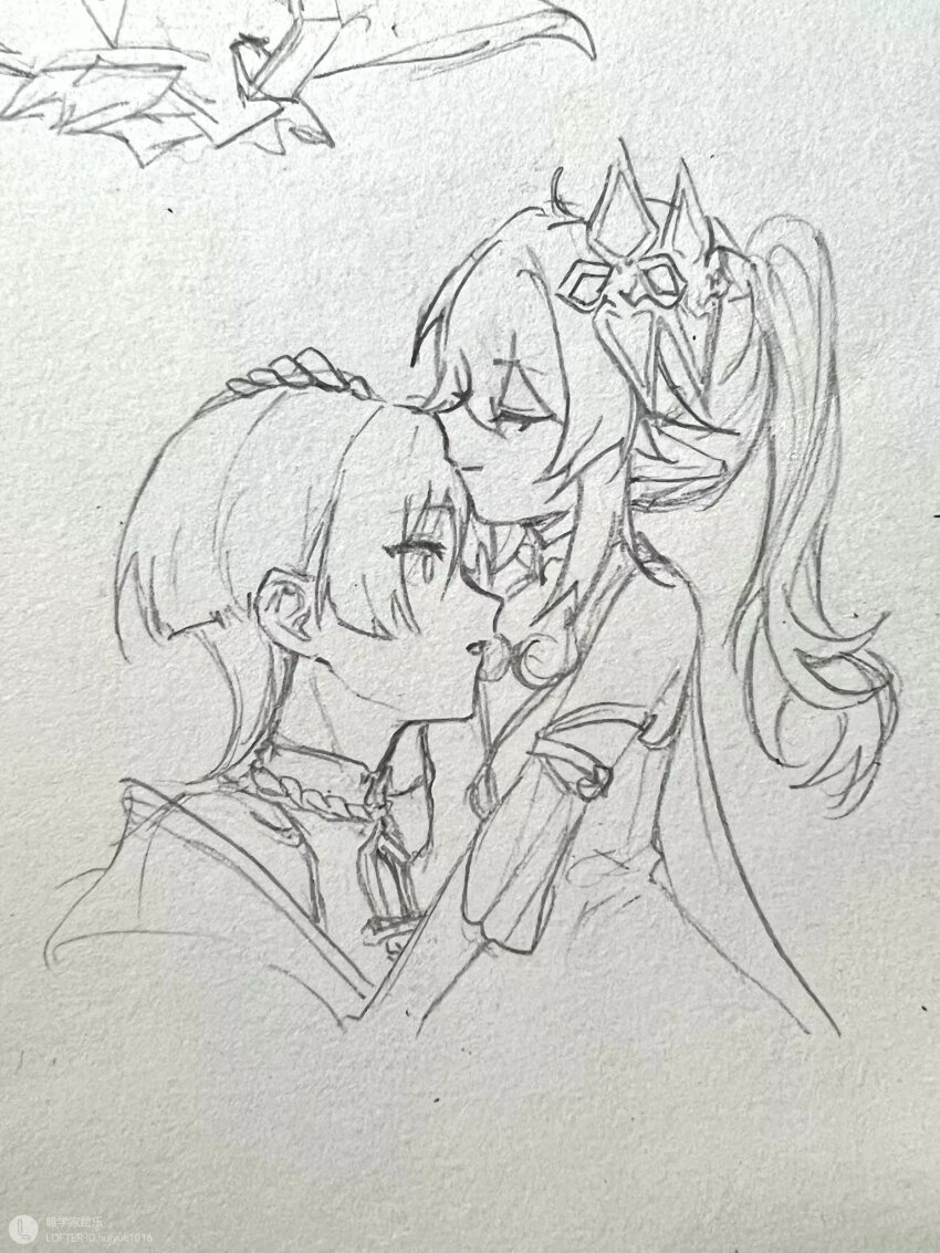 1boy 1girl armlet art_tools_in_frame blunt_ends bodysuit cape closed_eyes closed_mouth cropped_torso detached_sleeves dress eyelashes genshin_impact graphite_(medium) headpat hetero highres huiyue1016 jewelry kiss kissing_forehead lofter_username long_hair mandarin_collar nahida_(genshin_impact) off_shoulder open_mouth pointy_ears rope scaramouche_(genshin_impact) shoulder_peek side_ponytail sidelocks sketch smile traditional_media wanderer_(genshin_impact) wide-eyed