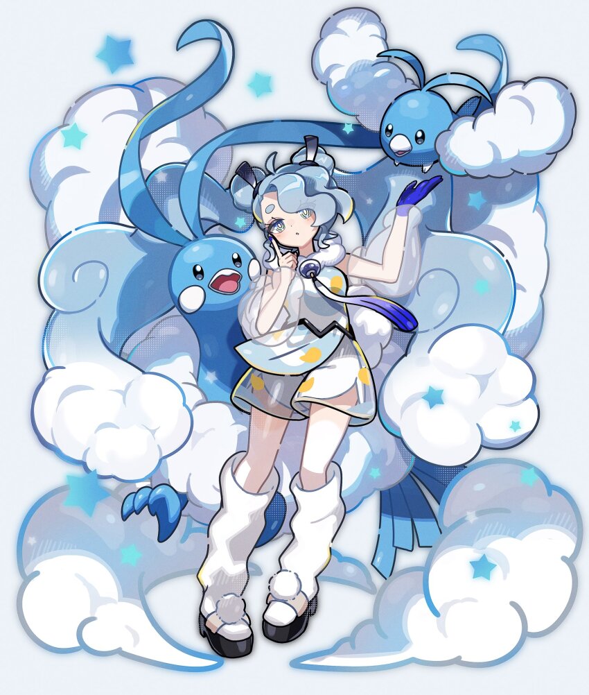 1girl altaria bird blue_eyes blue_gloves blue_hair blue_nails blush cloud commentary_request detached_sleeves dot_nose double_bun eyeshadow flying_miku_(project_voltage) fuinagi_(huyuu_mm) gen_3_pokemon gloves gradient_hair grey_hair hair_bun hair_ribbon hatsune_miku highres long_eyelashes long_hair makeup multicolored_hair nintendo pokemon pokemon_(creature) project_voltage red_eyeshadow ribbon see-through_clothes see-through_shorts see-through_sleeves shorts shorts_under_shorts simple_background single_glove swablu thick_eyebrows twintails two-tone_hair very_long_hair vocaloid white_background white_footwear white_shorts wind_chime