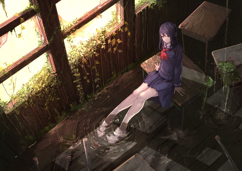 1girl black_eyes black_hair blue_serafuku blue_skirt broken_glass broken_window desk female_focus flood glass koruse long_hair long_sleeves neckerchief on_desk original overgrown partially_submerged plant pleated_skirt ripples ruins scenery school_desk school_uniform serafuku sitting skirt soaking_feet solo water water_drop window wood wooden_floor wooden_wall