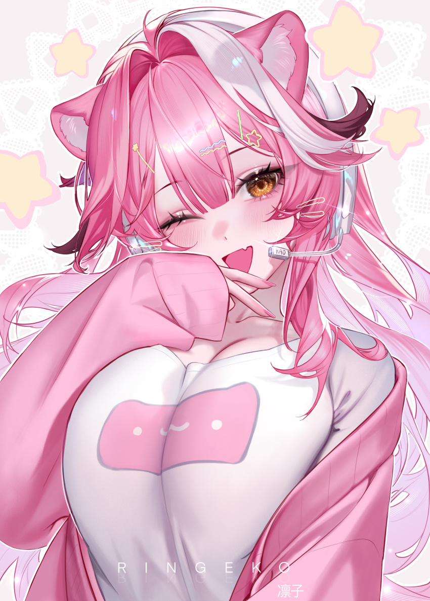 1girl absurdres alternate_costume animal_ear_fluff animal_ears blush breasts cardigan cleavage commentary fingernails hair_between_eyes hand_up highres hololive hololive_english large_breasts long_hair looking_at_viewer microphone nail_polish one_eye_closed open_cardigan open_clothes open_mouth orange_eyes pink_cardigan pink_hair pink_nails raora_panthera ringeko-chan shirt solo upper_body very_long_hair virtual_youtuber white_shirt