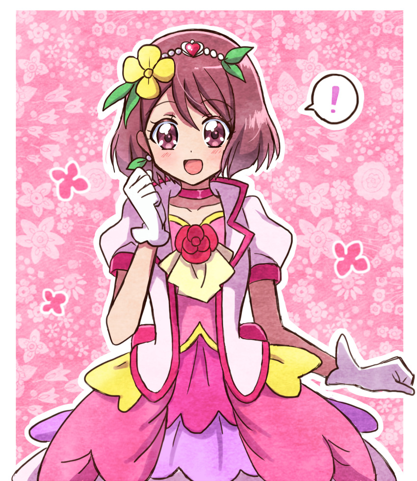 ! 1girl :d blush brooch choker collarbone cosplay cowboy_shot cure_grace cure_grace_(cosplay) dot_nose dress earrings floral_background flower flower_brooch gloves hair_flower hair_ornament hakuchuu hanadera_nodoka healin&#039;_good_precure heart heart_hair_ornament highres jacket jewelry layered_dress looking_at_viewer magical_girl open_mouth pink_background pink_choker pink_dress pink_theme precure red_eyes red_hair self_cosplay short_hair smile solo spoken_exclamation_mark standing straight-on white_gloves white_jacket