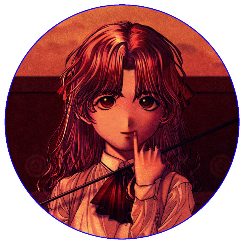 1girl arrow_(projectile) border brown_eyes circle collared_shirt dusk expressionless finger_to_mouth hair_ribbon holding holding_arrow long_hair long_sleeves looking_at_viewer masatokinaino neck_ribbon outdoors parted_bangs red_ribbon ribbon round_border round_image sayonara_wo_oshiete shirt sky solo transparent_background twilight ueno_koyori upper_body wavy_hair white_shirt