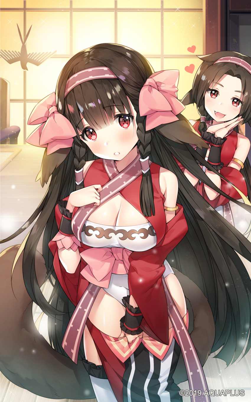 1girl ainu_clothes animal_ears black_hair bow braid full_body hair_between_eyes highres long_hair mitsumi_misato non-web_source red_eyes rulutieh solo twin_braids utawarerumono utawarerumono:_itsuwari_no_kamen