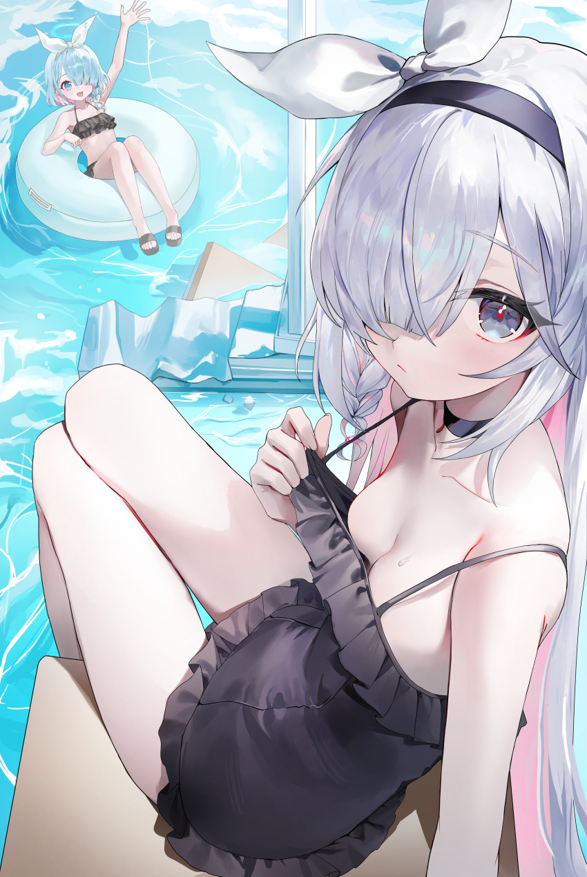 2girls :/ absurdres alternate_costume arm_up arona_(blue_archive) bare_arms bare_legs bare_shoulders bikini black_bikini black_choker black_hairband black_one-piece_swimsuit black_sandals blue_archive blue_eyes blue_hair blush bow_hairband braid breasts choker closed_mouth clothes_pull collarbone colored_inner_hair feet frilled_bikini frilled_one-piece_swimsuit frills grey_eyes grey_hair hair_between_eyes hair_over_one_eye hair_ribbon hairband hand_up highres huge_filesize knees_up light_blush loli long_hair looking_at_viewer minojko112 multicolored_hair multiple_girls on_innertube on_water one-piece_swimsuit one-piece_swimsuit_pull one_eye_covered open_mouth pink_hair plana_(blue_archive) pulling_own_clothes ribbon sandals sidelocks single_braid sitting small_breasts smile swim_ring swimsuit thigh_gap thighs toes two-tone_hair very_long_hair waving white_hairband white_ribbon