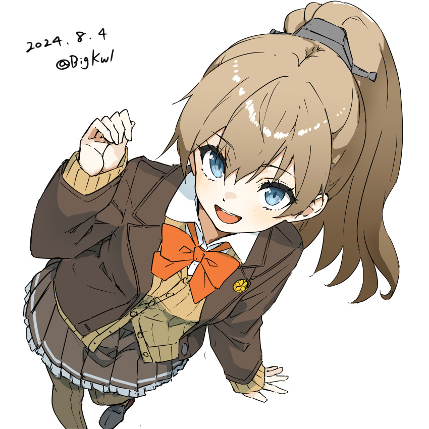 1girl absurdres bigkwl blazer blue_eyes bow bowtie brown_hair brown_jacket brown_serafuku brown_skirt brown_thighhighs cardigan dated frilled_skirt frills hair_ornament hairclip highres jacket kantai_collection kumano_(kancolle) kumano_kai_ni_(kancolle) long_hair looking_at_viewer one-hour_drawing_challenge open_mouth orange_bow orange_bowtie pleated_skirt ponytail school_uniform serafuku skirt smile solo thighhighs twitter_username white_background