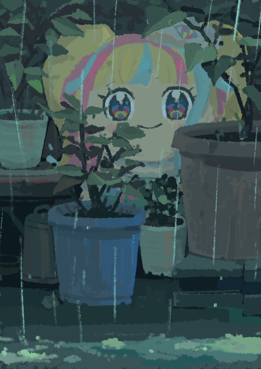 1girl blonde_hair blue_eyes blue_hair blunt_bangs blush character_doll closed_mouth commentary_request daia_(pri_chan) highres kemura_(puripurinea) kiratto_pri_chan long_hair looking_at_viewer multicolored_hair outdoors pink_hair plant potted_plant pretty_series rain smile solo streaked_hair twintails watering_can