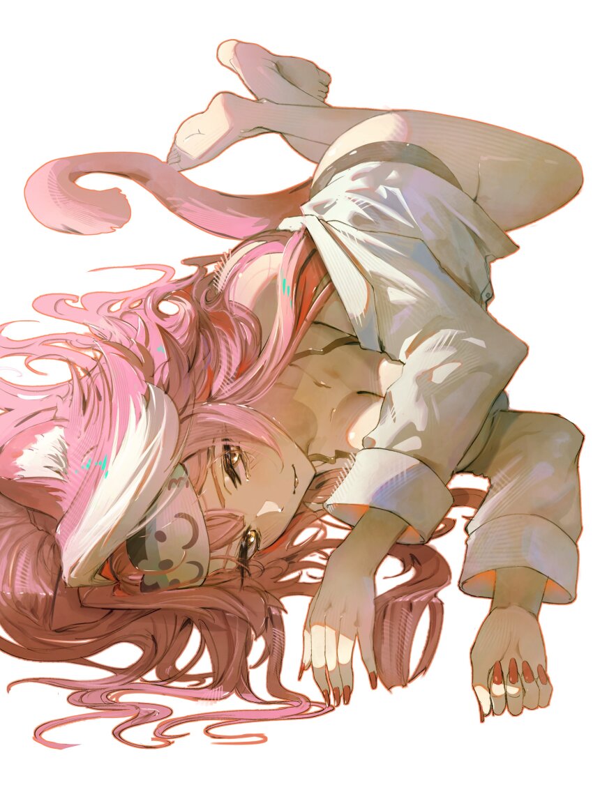 1girl absurdres alternate_costume animal_ears bare_legs barefoot black_camisole breasts camisole cleavage collared_shirt commentary crossed_ankles double-parted_bangs dress_shirt flipped_hair full_body hair_between_eyes hair_intakes highres hololive hololive_english large_breasts long_hair long_sleeves looking_at_viewer lying multicolored_hair no_pants off_shoulder on_side panther_ears panther_girl panther_tail pink_hair pink_nails raora_panthera shirt simple_background sleep_mask solo streaked_hair tail toripisu virtual_youtuber white_background white_hair white_shirt yellow_eyes
