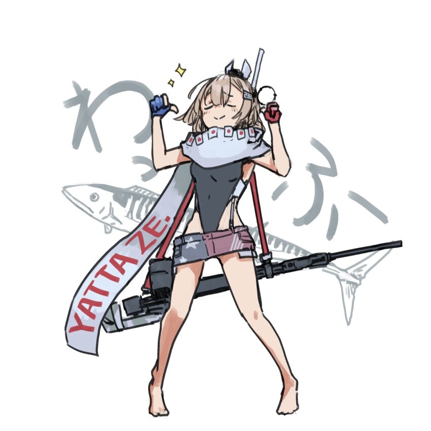 1girl american_flag american_flag_print barefoot black_one-piece_swimsuit breasts brown_hair character_name closed_eyes clothes_writing commentary_request denim denim_skirt double_thumbs_up fish flag_print full_body hair_ornament headgear highleg highleg_one-piece_swimsuit highres kantai_collection kappa_modoki medium_breasts one-piece_swimsuit pointing pointing_at_self romaji_text scarf simple_background skirt smile smug solo sparkle standing swimsuit thumbs_up wahoo_(fish) wahoo_(kancolle) wahoo_kai_(kancolle) white_background white_scarf