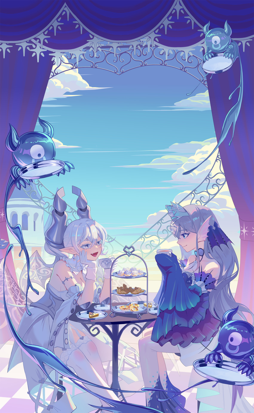 2girls :d bare_shoulders blue_dress blue_eyes blue_sky breasts chinese_commentary cleavage cloud commentary_request crossed_bangs cup curtains demon_girl demon_horns demon_wings detached_sleeves diadem dress duel_monster fins fish_girl gloves grey_eyes grey_hair hand_on_own_cheek hand_on_own_face head_fins highres holding holding_cup horns kitkallos_(yu-gi-oh!) long_sleeves looking_at_another lovely_labrynth_of_the_silver_castle multiple_girls open_mouth plate pointy_ears rare_lemon sitting sky sleeves_past_fingers sleeves_past_wrists smile table tea_party teacup tearlaments_kitkallos thighhighs tiered_tray transparent_wings tray twintails white_gloves white_hair white_thighhighs wings yu-gi-oh!