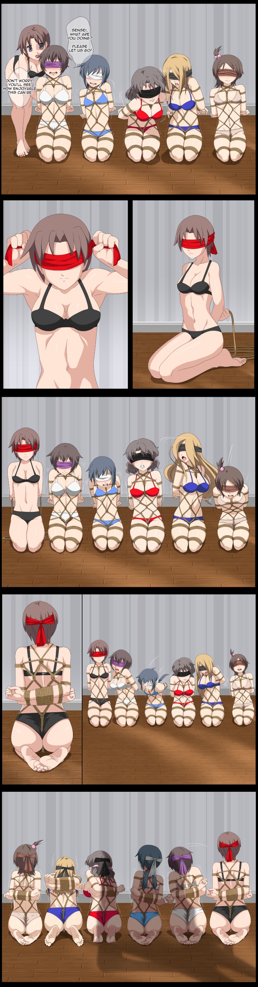 6+girls absurdres bdsm blindfold bondage bound bra commission corpse_party highres meteor-reb0rn multiple_girls nakashima_naomi panties seiza shadow shibari shinozaki_ayumi shishido_yui sitting struggling suzumoto_mayu underwear underwear_only