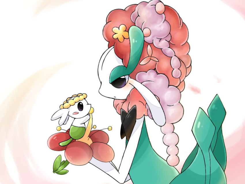 1girl big_hair black_eyes blush blush_stickers closed_mouth colored_skin eye_contact flabebe flabebe_(red_flower) florges florges_(red_flower) flower from_side gen_6_pokemon green_skin hair_flower hair_ornament hands_up holding holding_pokemon looking_at_another monster_girl multicolored_hair multicolored_skin nintendo plant_girl pokemon pokemon_(creature) profile purple_eyes purple_hair red_flower red_hair simple_background suzu_(pixiv_32232702) two-tone_hair two-tone_skin upper_body white_background white_skin yellow_flower