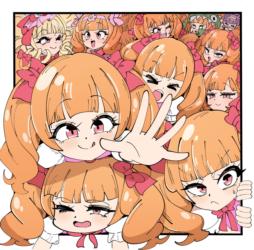 &gt;_&lt; 2girls absurdres aisaki_emiru blonde_hair blush bow bowtie brown_hair closed_eyes closed_mouth cone_hair_bun cure_macherie dinosaur_hood double_bun dress drill_hair earrings flower hair_bow hair_bun hair_flower hair_ornament hairband highres hugtto!_precure jewelry kikukekosasi long_hair magical_girl medium_hair multiple_girls one_eye_closed open_mouth pink_dress pink_hairband pom_pom_(clothes) pom_pom_earrings precure puffy_short_sleeves puffy_sleeves purple_hair red_bow red_bowtie red_eyes ruru_amour short_sleeves smile sweatdrop thumbs_up tongue tongue_out twintails white_hairband white_sleeves