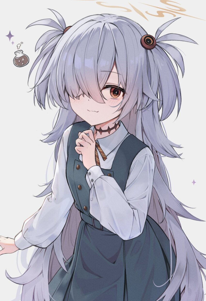 1girl :3 blue_archive brown_halo brown_ribbon diagonal-striped_ribbon dress flask hachita_(odangoya) hair_over_one_eye halo highres kanoe_(blue_archive) long_hair looking_at_viewer messy_hair orange_eyes pinafore_dress ribbon round-bottom_flask scar scar_on_neck simple_background sleeveless sleeveless_dress solo sparkle tilted_halo two_side_up very_long_hair white_background white_hair