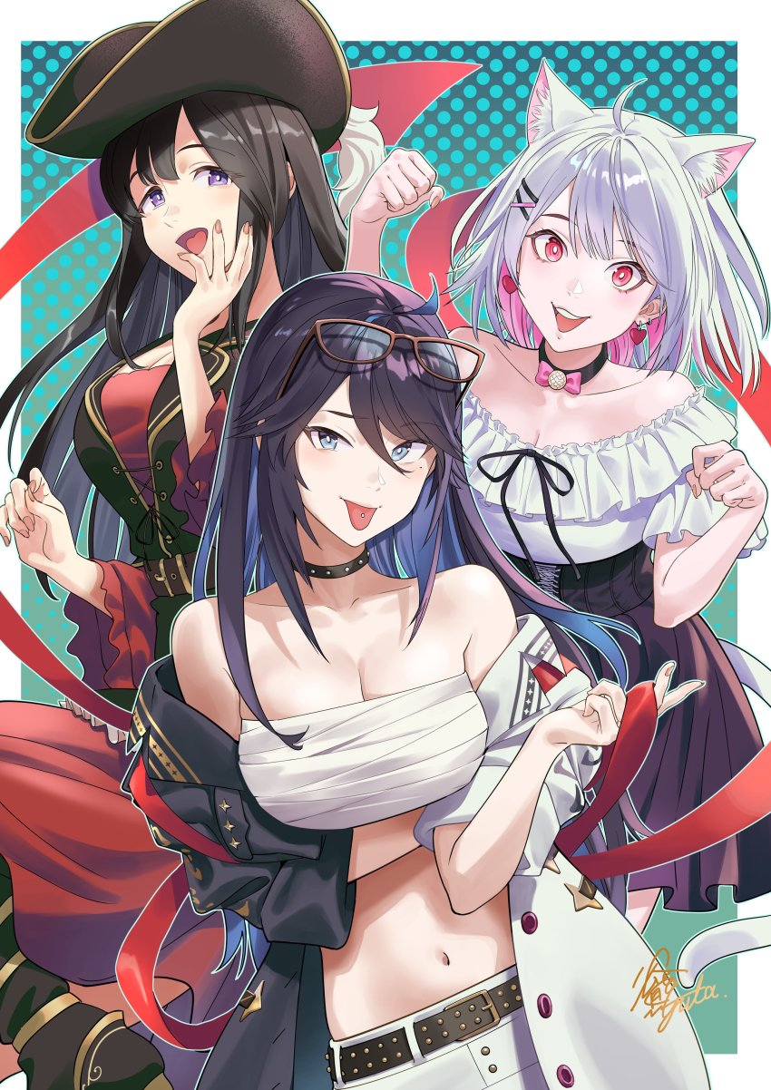 3girls absurdres animal_ear_fluff animal_ears belt black_belt black_choker black_hair black_headwear black_jacket black_skirt blue_hair border breasts cat_ears cat_girl cat_tail chest_sarashi choker cleavage clenched_hand colored_inner_hair dress eyewear_on_head glasses guutara_(youtuber) hand_on_own_cheek hand_on_own_face hat highres indie_utaite indie_virtual_youtuber jacket kson large_breasts long_hair medium_breasts multicolored_hair multicolored_jacket multiple_girls niconico off-shoulder_shirt off_shoulder open_mouth original pants piercing pirate_hat purple_eyes red_dress red_ribbon ribbon rika_(kuroneko_datenn) sandal_master sarashi shirt shirt_tucked_in skirt smile souchou studded_belt studded_choker tail tongue tongue_out tongue_piercing two-tone_jacket utaite virtual_youtuber white_border white_jacket white_pants white_shirt