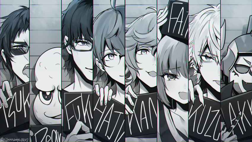 1girl 6+boys :d arm_up bans breasts character_request cleavage collarbone ear_piercing earrings fairys_(vtuber) fang glasses greyscale hair_between_eyes highres holding indie_virtual_youtuber jewelry kanae_(nijisanji) kuzuha_(nijisanji) medium_breasts mode_aim monochrome multiple_boys nijisanji ninahachi open_mouth peanuts-kun piercing pointy_ears shirt smile striped_clothes striped_shirt sunglasses tenkai_tsukasa thick_eyebrows tongue tongue_out twitter_username v-shaped_eyebrows virtual_youtuber